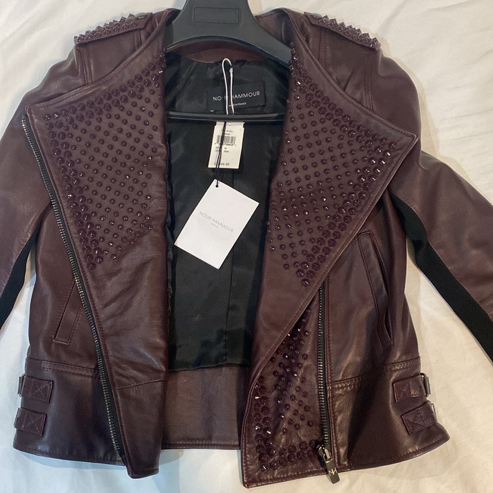 New with Tag Designer Nour Hammour Burgundy Studded Erin Leather Jacket - Picture 17 of 17